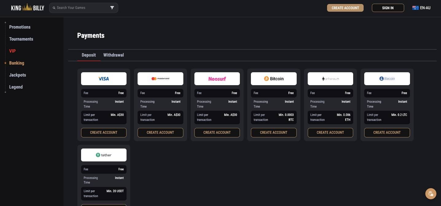 Payment Methods in King Billy Casino
